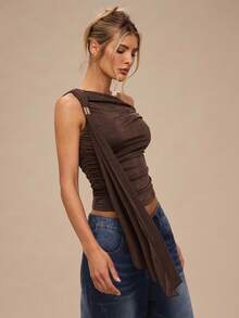 SHEIN BAE 纯色不对称肩部金属扣系带修身女式上衣，适合日常穿着、约会、郊游、聚会、派对，优雅的女士分层单品，适合鸡尾酒会、浪漫约会、秋冬针织汗衫 - 棕色 - 查看 4