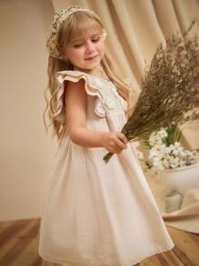Loomiva Young Girl Floral Ruffle Trim Cinched Waist Short Sleeve Casual Dress, White/Beige - Apricot - View 4
