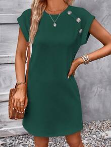 SHEIN LUNE Women's Solid Color Button Decor Round Neck Short Sleeve Casual Dress - Dark Green - View 4