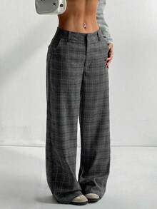 SHEIN PETITE Women's Low-Waist Plaid Casual Pants, Vintage Style For Daily Commute And Leisure - Dark Grey - View 5