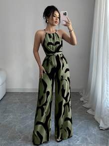 Elenzga 女士印花面料束腰连体裤，优雅度假和日常穿着 - 軍綠色 - 查看 5