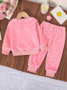 SHEIN 2 件女婴秋冬羊毛狐狸印花圆领运动衫和波尔卡圆点修身裤套装，适合幼儿的可爱休闲保暖服装 - 粉色 - 查看 2
