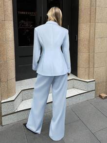 Aloruh Basic Solid Color Jacket And Pants Suit, Commute & Everyday Wear In Fall/Winter - Blue - View 2