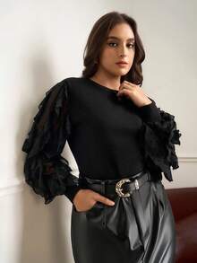 Chikora 大码女式圆领针织拼布雪纺镂空袖毛衣，经典时尚款式，适合日常穿着 - 黑色 - 查看 4