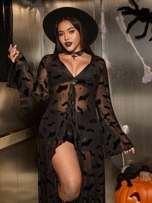 SHEIN EZwear 加大码万圣节性感蝙蝠植绒网眼透视夹克 - 黑色 - 查看 5