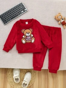 SHEIN Cute Round Neck Plush Baby Boy Outfit Fall Winter - Rose Red - View 3