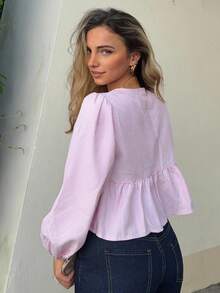 Jeta Ari 女式条纹系带下摆长袖圆领衬衫、长袖上衣 - 粉色 - 查看 2