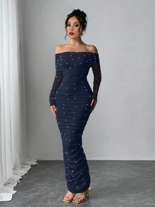 Firerie Elegantes weißes Damen Maxikleid mit Off-Shoulder Ausschnitt, Perlendekor, Rüschen, figurbetonter Passform, romantisch für Partys und Dates, Valentinstag - marineblau - Übersicht 4