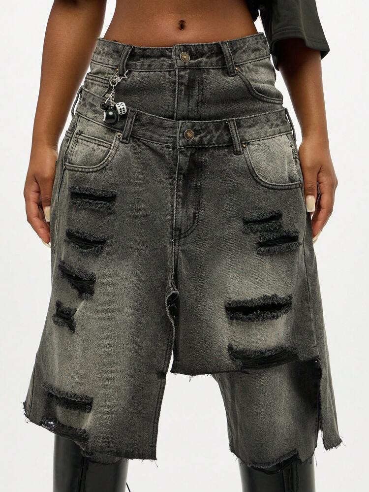 SUMWON WOMEN Bermudas vaqueras desgastadas con cintura doble y dobladillo sin rematar