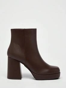 Solezae 女士舒适耐穿的必备方头厚底中跟短靴 - 棕色 - 查看 2