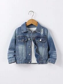 SHEIN Playful Pals 1 szt. chłopięca kurtka dżinsowa w stylu vintage, modna odzież wierzchnia w kolorze niebieskim, idealna do noszenia na co dzień