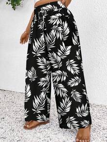 SHEIN Frenchy Plusstorlek Dam Musikfestival Semesterstil Tonad Semester Tropiskt Växtmönster Sommar Hög Midja Knyt Lösa Casualbyxor - Svart och Vitt - Visa 5
