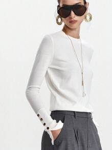 Lumivelle Old Money Fall Clothes Prefall Sweater All-Match Round Neck Casual Versatile Long Sleeve Knit Undershirt Women White Sweater - Beige - View 5