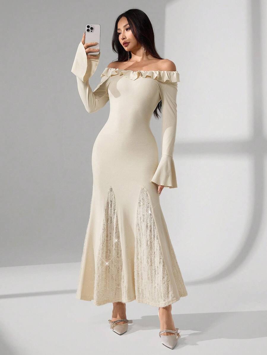 Modelyn Vestido elegante de mujer con hombros descubiertos, volantes, mangas acampanadas, parches y cola de pez en unicolor - Albaricoque - Ver 1