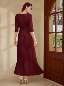 Vintamour Váy nữ cổ điển thanh lịch, váy xếp ly dệt kim jacquard ôm sát mùa xuân/hè, váy tay 3/4, váy dài màu trắng - Màu Đỏ Sâu - Xem 2