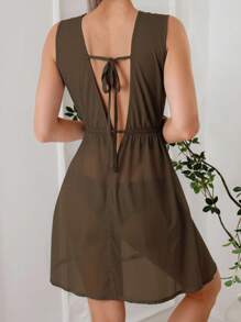 Swim Basics 夏季女装飘逸优雅浪漫宽松沙滩夏日度假罩衫娃娃裙白色连衣裙 - 棕色 - 查看 2