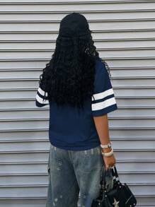 INAWLY Sports Style Retro Numeric Print Short Sleeve Polo Shirt, Suitable For Everyday Wear - Blue - View 2