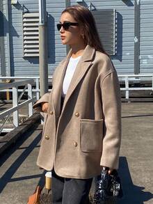 DAZY Women's Loose Mid-Length Overcoat, Autumn/Winter - Khaki - View 2