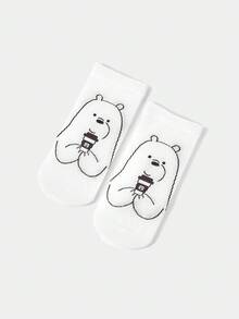 We Bare Bears X SHEIN 1 Pair Women's Comfortable Cute Cartoon Bear Pattern Ankle Socks - White - View 3