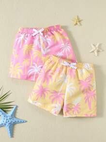 SHEIN 2pcs Baby Boy Coconut Tree Pattern Decorated Elastic Waist Casual Shorts Set