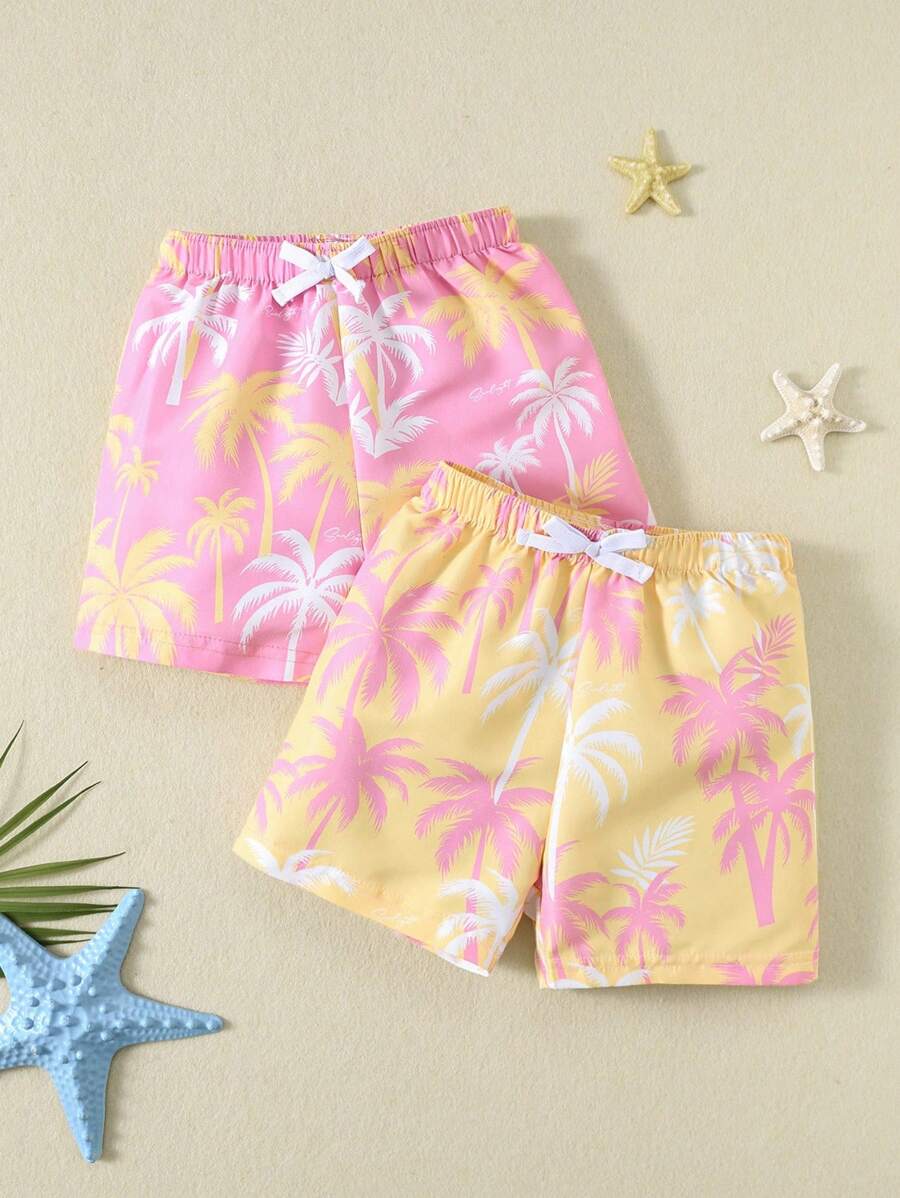 SHEIN 2pcs Baby Boy Coconut Tree Pattern Decorated Elastic Waist Casual Shorts Set