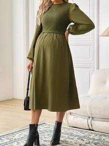 SHEIN 秋装,秋季服装,孕妇装 秋季服装 孕妇装 休闲/通勤 灯笼袖连衣裙 - 軍綠色 - 查看 3