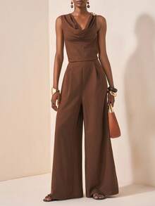 Zivah 2025 Autumn New Music Festival, Easter, St. Patrick's Day, Western, Nomadic, Birthday Party, Graduation, College Style, Student Wear, Daily Casual, All-Match Versatile, Leisure, Vacation, Cruise Travel, Beach, Sunbathing, Viral , Streetwear, Wedding Guest Boho, Commute, Brunch, Airport, Plunging Neckline Floral Metal Decor Sleeveless Brown Linen Textured Crinkle Fabric Wide Leg Jumpsuit