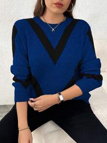 Elenzga 大码女式休闲时尚修身圆领长袖提花针织套头衫，秋冬 - 藍色 - 查看 1