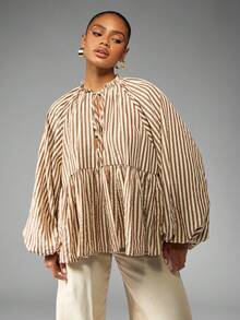MISSGUIDED 灯笼袖条纹农家衬衫蓬松上衣，荷叶边领，高腰高腰剪裁，秋冬休闲女性日间时尚 - 彩色 - 查看 1