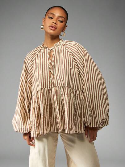 MISSGUIDED 灯笼袖条纹农家衬衫蓬松上衣，荷叶边领，高腰高腰剪裁，秋冬休闲女性日间时尚