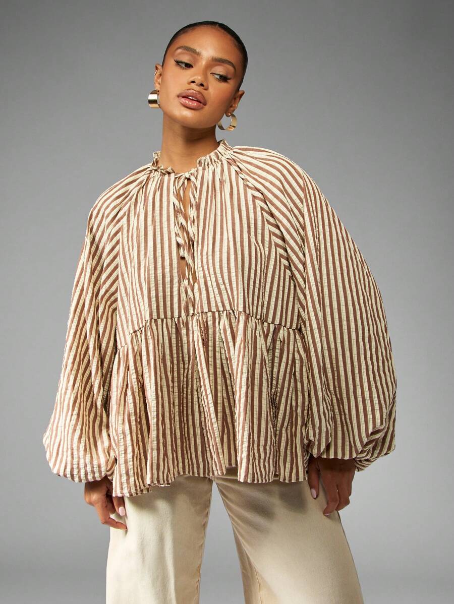 MISSGUIDED 灯笼袖条纹农家衬衫蓬松上衣，荷叶边领，高腰高腰剪裁，秋冬休闲女性日间时尚 - 彩色 - 查看 1