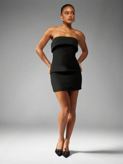Missguided Strapless Mini Party Dress with Overlay Detail Elegant Bodycon Little Black Dress for Evening Wedding Guest Formal Events Special Occasions