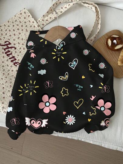 SHEIN Leap Crew Tween Girl Casual Minimalist Cartoon Pattern Loose Comfortable Long Sleeve Sweatshirt Cute Black Sweatshirt For Girls Girls Cute Tops Kids Girl Tops Cute Tops Girls Black Sweatshirt,In Fall/Winter