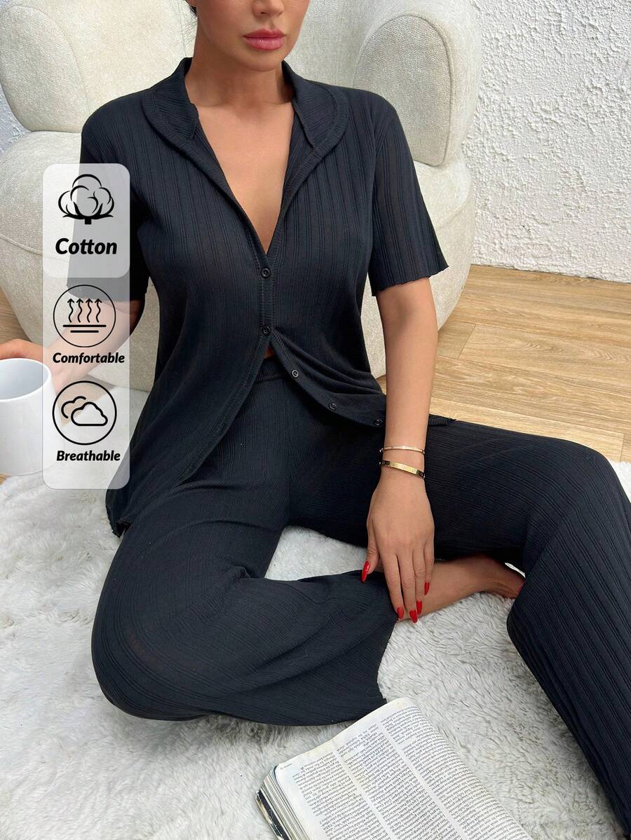 EURMUSE Women 2 Pcs Button Front Detail Short Sleeve Shirt And Long Bottoms Homewear Set - Black - View 1