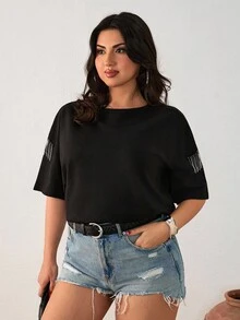 SHEIN Cottnline Cămașă supradimensionată cu detalii pe umeri cu strasuri pentru femei - Negru - Vizualizare 6