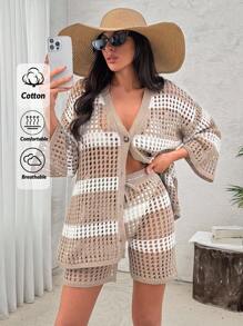 EURMUSE Plus Cover Up With Stribes With Beige Cardigan And Short Women Summer Clothing Women S Clothes Women S Summer Shirts Women Plus Clothing Business Casual Women Plus Clothing Formal - Beige - View 1