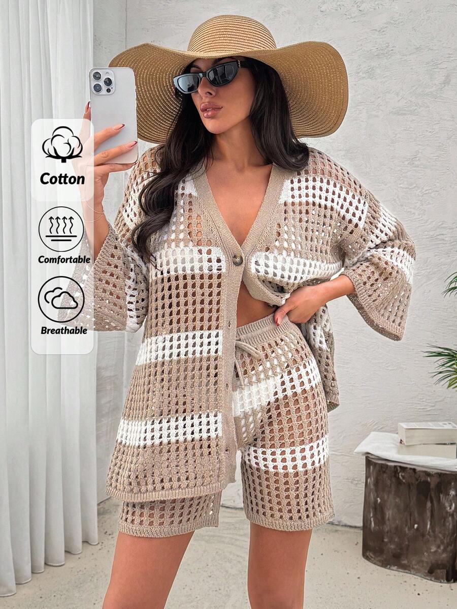 EURMUSE Plus Cover Up With Stribes With Beige Cardigan And Short Women Summer Clothing Women S Clothes Women S Summer Shirts Women Plus Clothing Business Casual Women Plus Clothing Formal - Beige - View 1