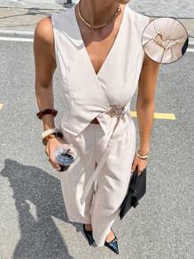 Siren Gaze Women's Casual/Commute Solid Color Metal Button-Decorated Shirt & Pants 2 Pieces Set,Sleeveless Slim Fit Shirt Tie Two-Piece Set,All-Season,Fall Women Clothes,Winter Outfits For Women ,Business Casual Woman,Belted Shirt Two-Piece Set,Office Outfits For Women, Office Wear Women,Faux Linen Bamboo Weave Non-Stretch Fabric,Can Be Ordered One Size Larger