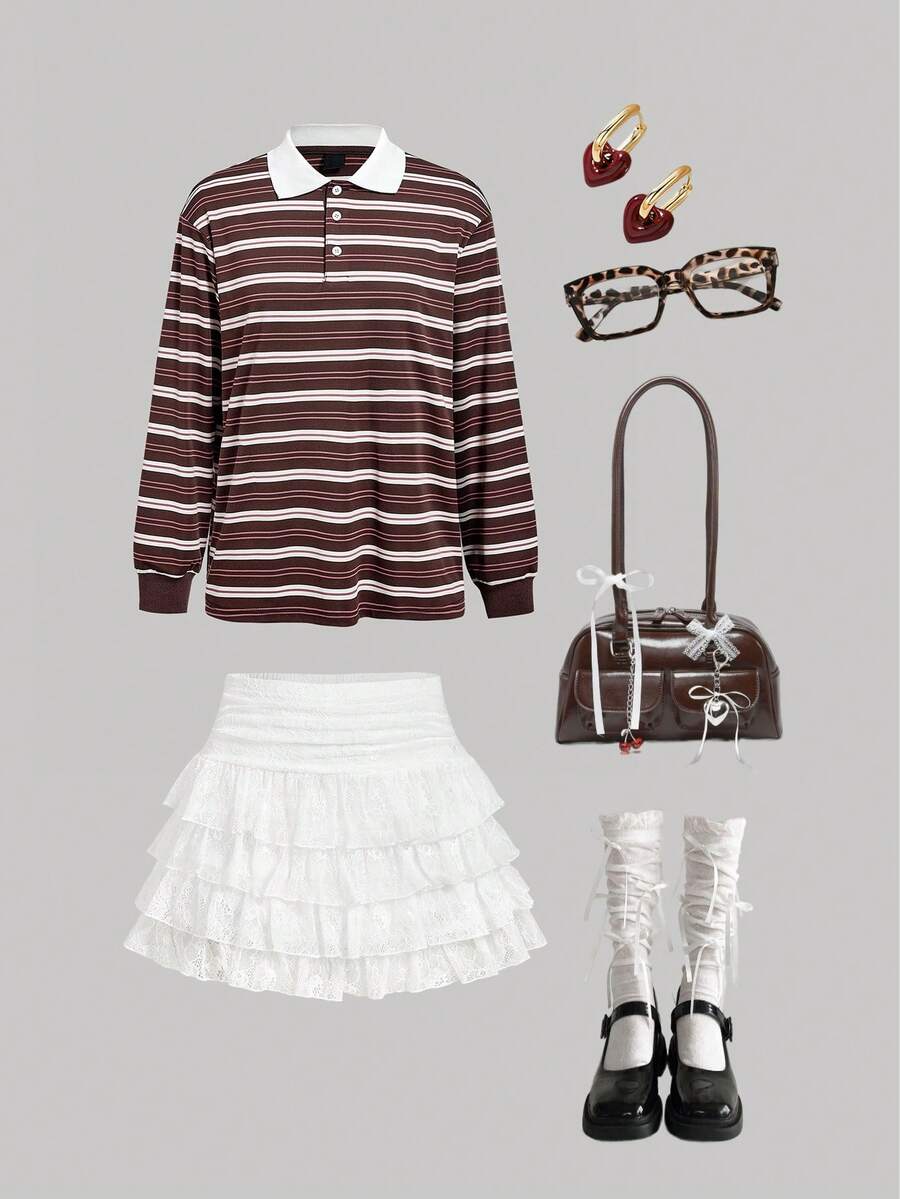 SHEIN MOD Women's Pink And White Striped Polo Shirt,Autumn 90s Retro Long Sleeve Collared Shirt,School Back-To-School Casual Daily Wear Striped Long Sleeve Top - Red - View 1