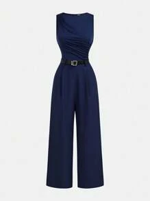 Girlism Teen Girls Bodysuits & Jumpsuits Navy Pleated Wide Leg Loose Jumpsuit With Belt, Casual Style,/Fall,Winter/Y2k,Halloween/Back To School Outfits/First Day Of School Outfit/Halloween,Glowmode,Fall,Winter,Autumn - Navy Blue - View 4