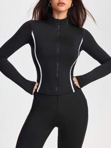 SHEIN Sports Women's Lightweight Jacket With Stand Collar, Full Zip, Thumb Holes, Side Mesh Panels And Contrast Stripes, Fashion Sports Jacket Suitable For Casual Wear, Running, Yoga, Gym Women Workout Jacket Zip Up Workout Jacket Black Workout Jacket Gym Jacket Athletic Jacket