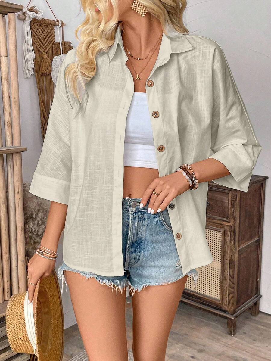 EMERY ROSE 女士纯色 3/4 袖单排扣休闲宽松衬衫纽扣衬衫女士夏季衬衫女士亚麻衬衫亚麻纽扣衬衫女士超大亚麻衬衫 - 杏色 - 查看 1