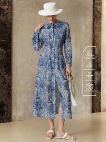 EMERY ROSE Váy Lyocell Linen Ditsy Floral cổ tròn tay dài thắt eo cho nữ - Màu xanh lam - Xem 5