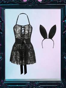 SHEIN 3 件套女士内衣套装（连衣裙、丁字裤、头饰） - 黑色 - 查看 7