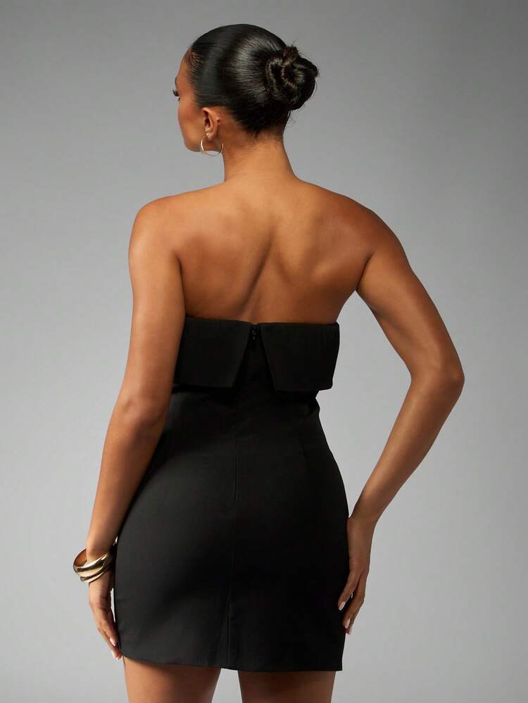 MISSGUIDED Strapless Mini Party Dress With Overlay Detail Elegant Bodycon Little Black Dress For Evening Wedding Guest Formal Events Special Occasions Holiday Season