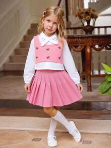 Elladie kids 三件套时尚可爱女童套装：蝴蝶结刺绣背心+系带长袖衬衫+百褶裙，学院风，秋冬款 - 粉色 - 查看 8