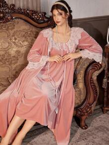 PalaceNights Vintage Palace Style Embroidered Floral Patchwork Peter Pan Collar Velvet Camisole Nightgown + Robe Set, Autumn/Winter, Fall Clothes - Pink - View 6