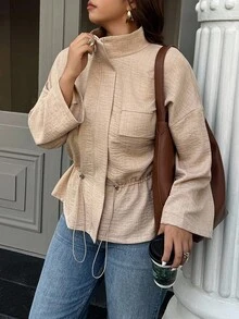 SHEIN LUNE Plus Size Women's Solid Color Drop Shoulder Long Sleeve Drawstring Waist Casual Jacket Fall Winter Cloth For Women Autumn - Khaki - View 6