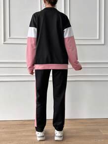 Cloudara Cotton Colorblock Drop Shoulder Zip Up Jacket & Sweatpants - Multicolor - View 2