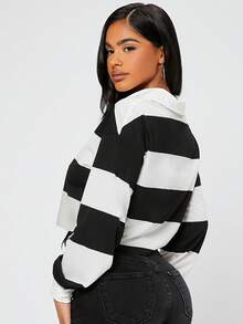 SHEIN PETITE Half Button Colourblock Drop Shoulder Crop Tee - Black and White - View 2